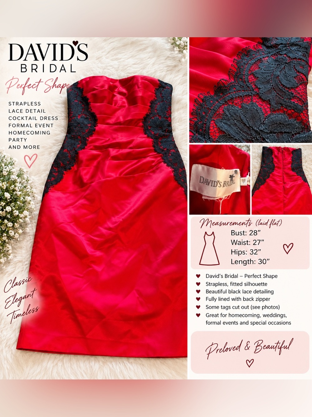 David's Bridal Red Strapless Dress with Black Lace Detail